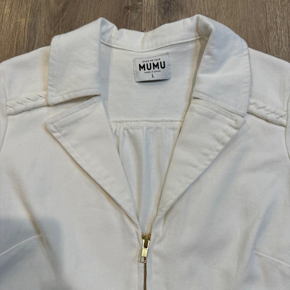 Show Me Your MuMu Outlaw Romper White Denim Zip Up Belted Short Jumpsuit Size L - Picture 6 of 9